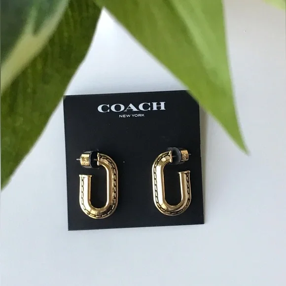 Coach Large Stitched Chain Link Gold Earrings, NWT - Picture 13 of 16